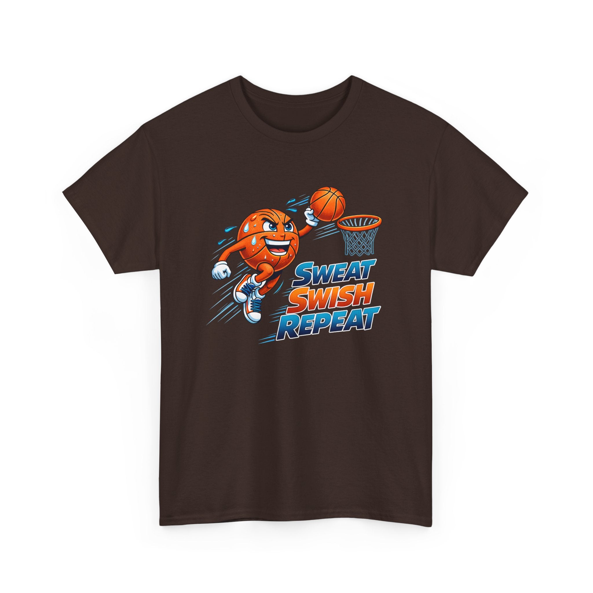 Sweat Swish Repeat Basketball T‑Shirt — Fun Hoop Cartoon Graphic Tee