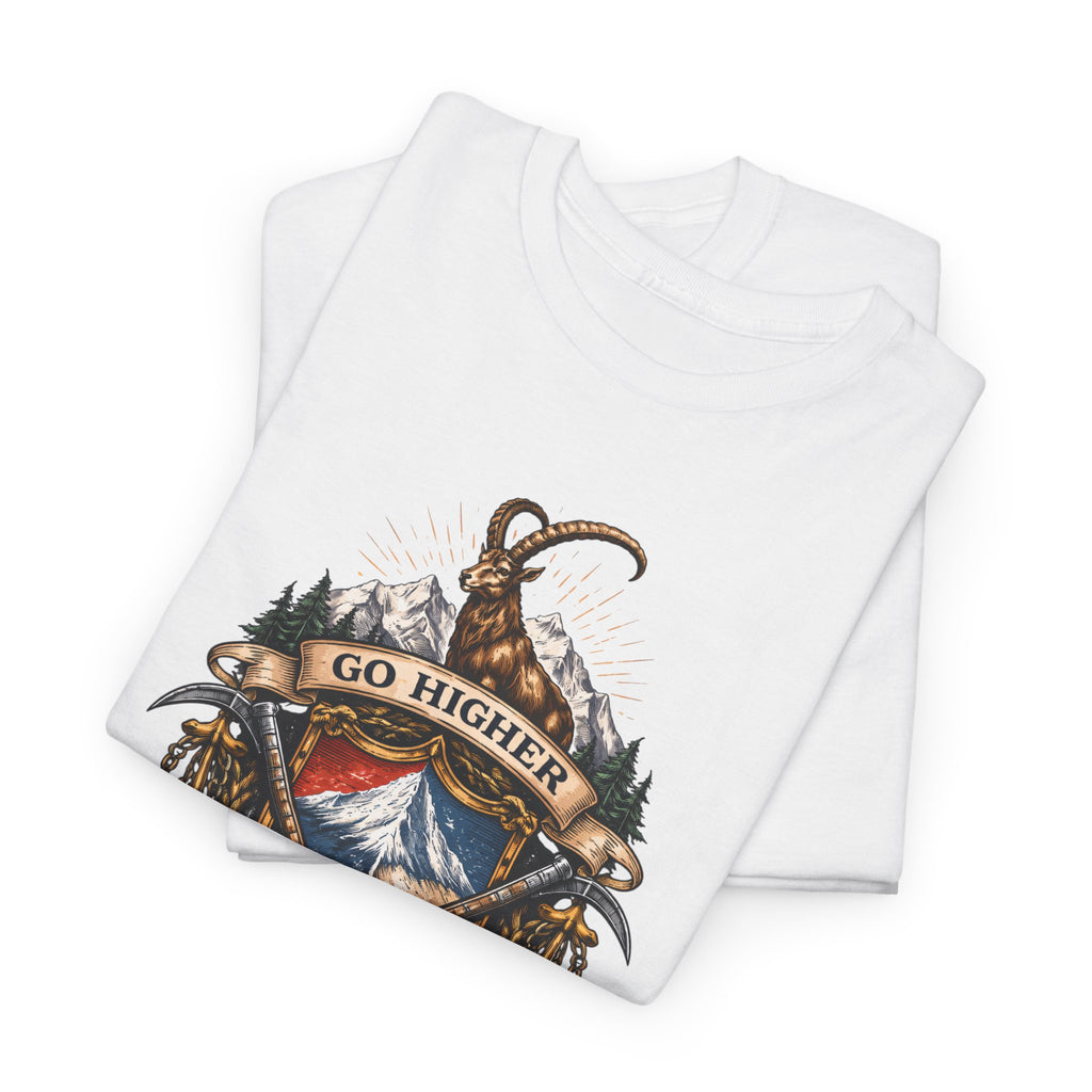 Adventure Crest T-Shirt — "Go Higher" Mountain Climbing Graphic Tee