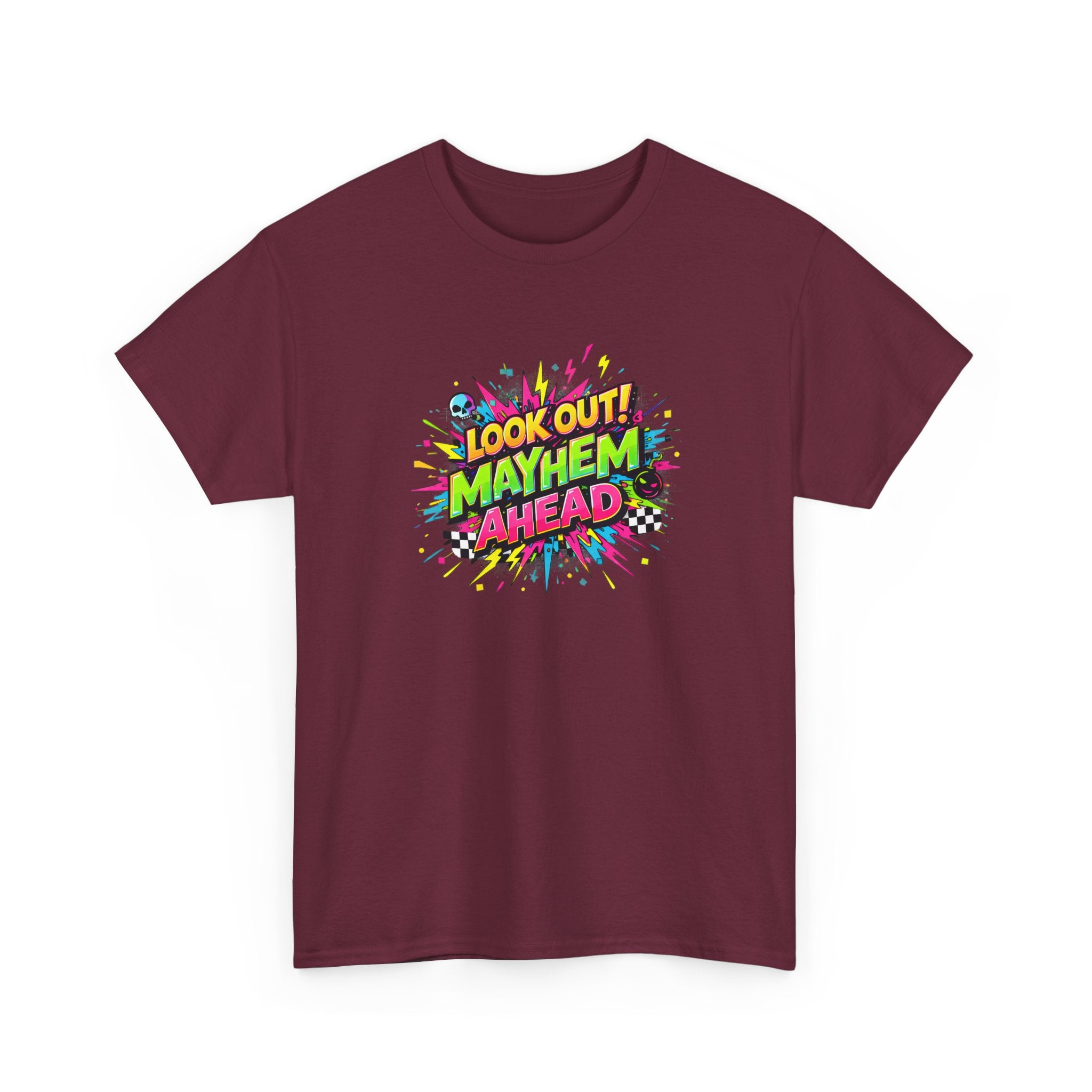 Look Out! Mayhem Ahead Graphic Tee — Colorful Retro Comic Humor Shirt