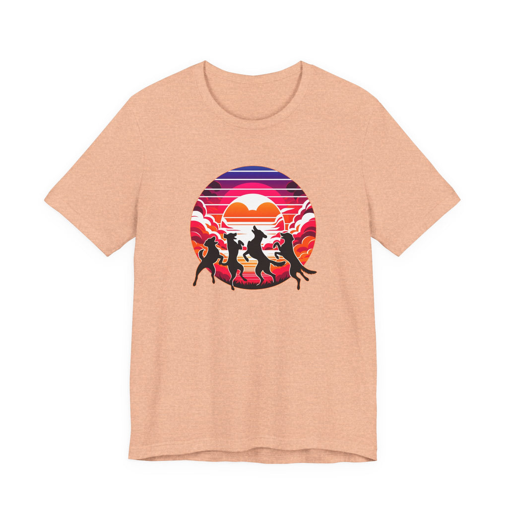 Retro Sunset Dancing Dogs T-Shirt — Vintage Rainbow Skyline Graphic Tee
