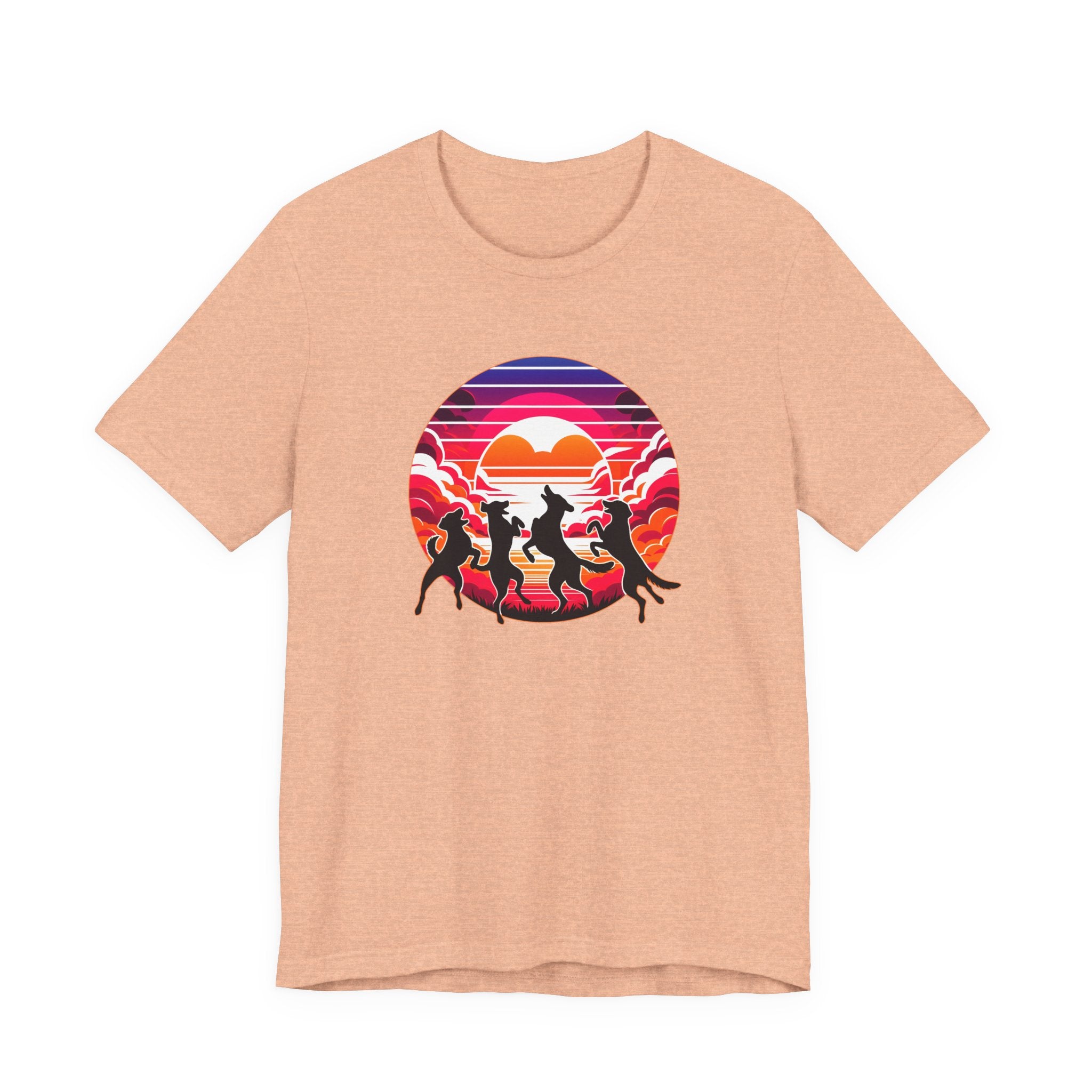 Retro Sunset Dancing Dogs T-Shirt — Vintage Rainbow Skyline Graphic Tee