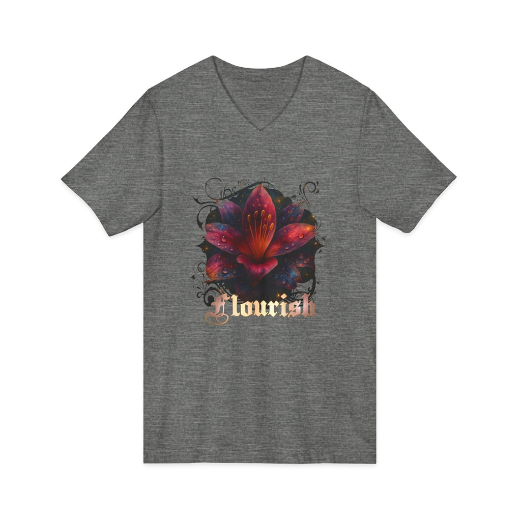 Floral Lily V‑Neck Tee – Dark Garden Bloom Graphic Shirt 'Flourish'