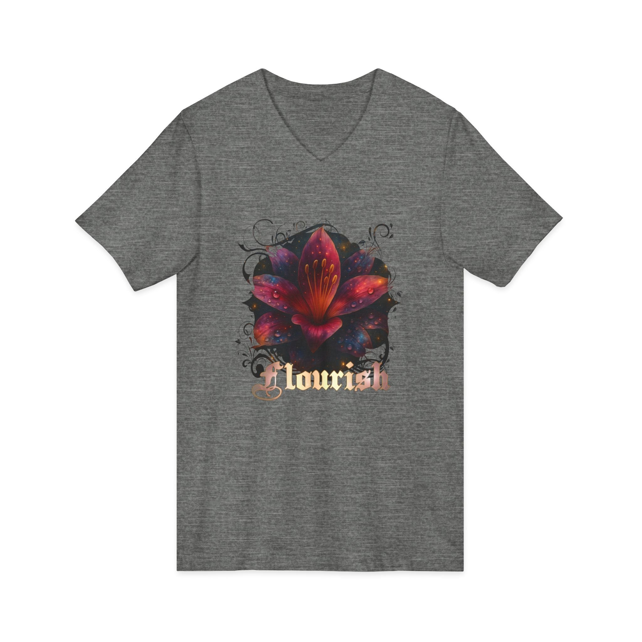 Floral Lily V‑Neck Tee – Dark Garden Bloom Graphic Shirt 'Flourish'