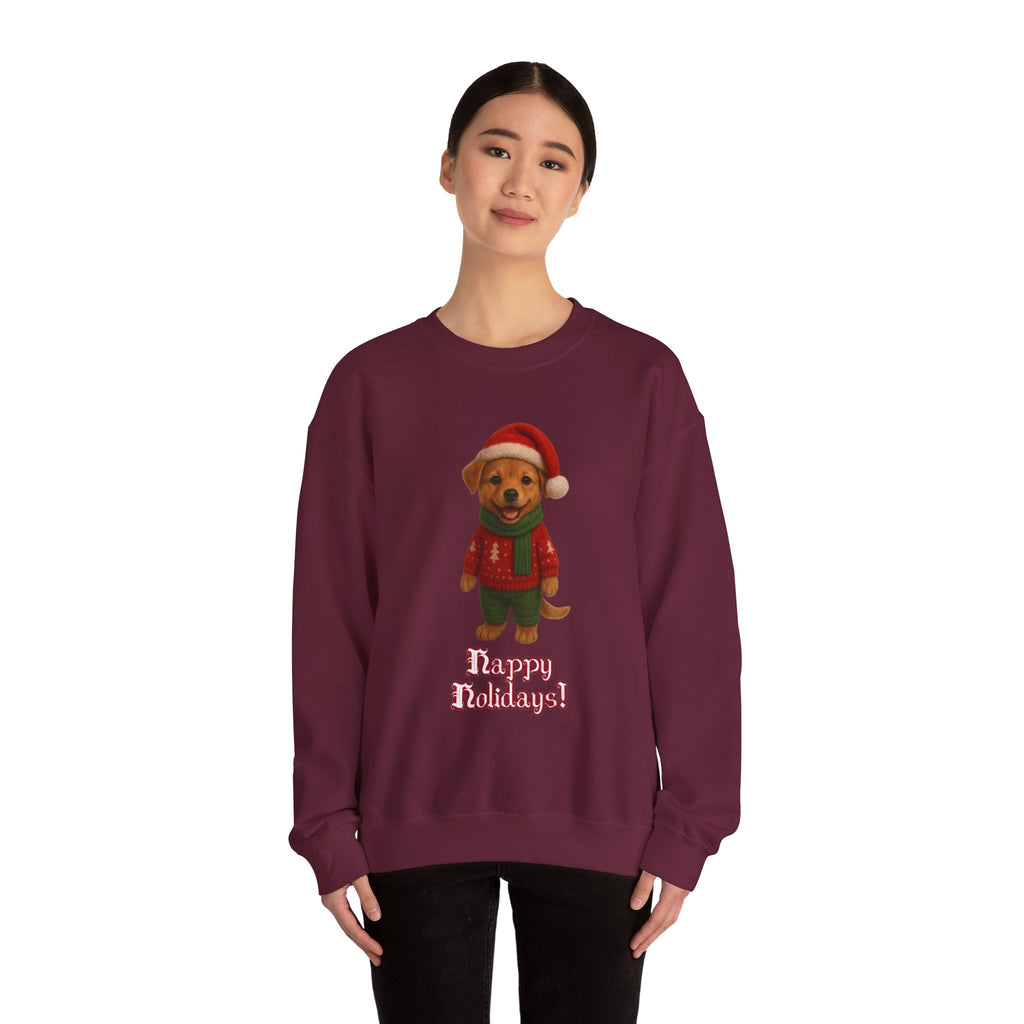 Crewneck Sweatshirt — Cute Puppy in Santa Outfit “Happy Holidays!” Christmas Sweater