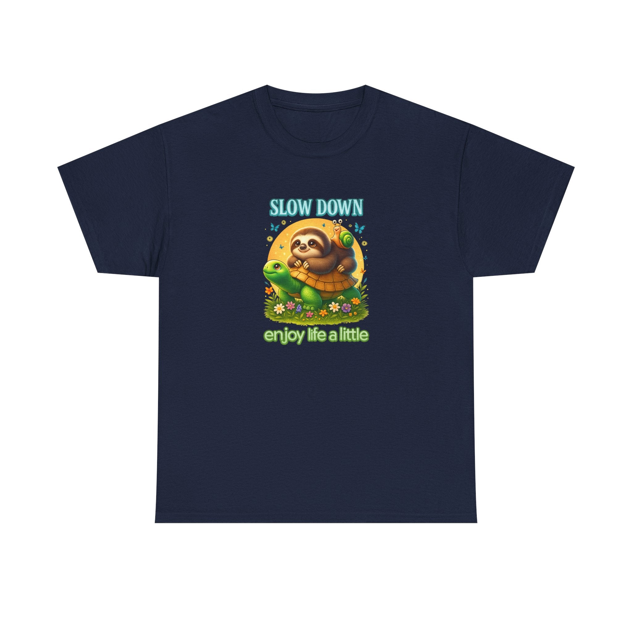Slow Down Turtle Sloth & Snail V-Neck Tee — "Enjoy Life a Little" Relaxed Graphic Shirt