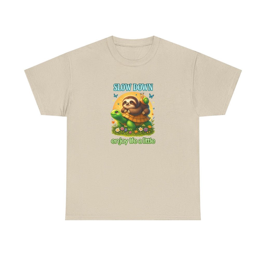 Slow Down Turtle Sloth & Snail V-Neck Tee — "Enjoy Life a Little" Relaxed Graphic Shirt