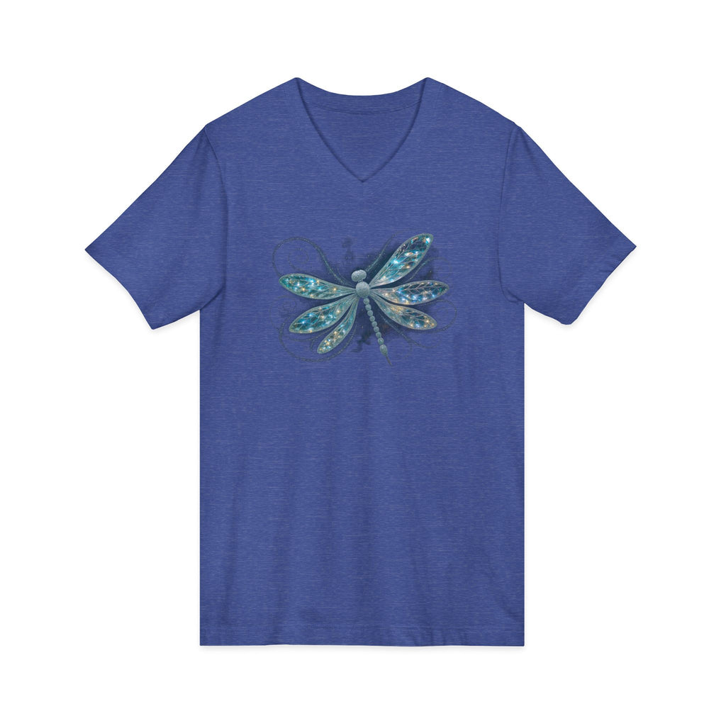 Dragonfly V-Neck Tee — Blue Glitter Floral Wing Graphic