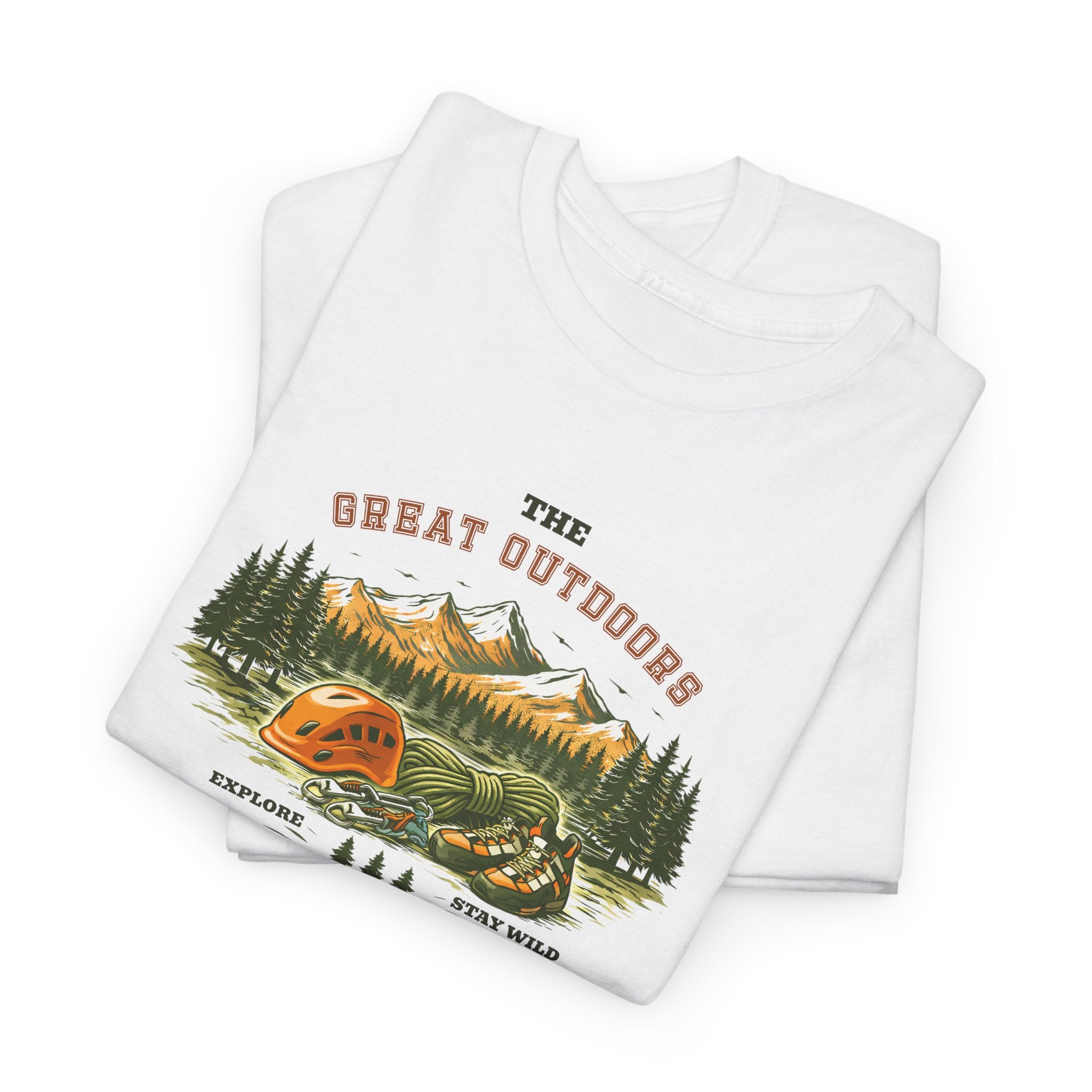 Rock Climbing Camping T-Shirt — "The Great Outdoors: Adventure Awaits" Graphic Tee