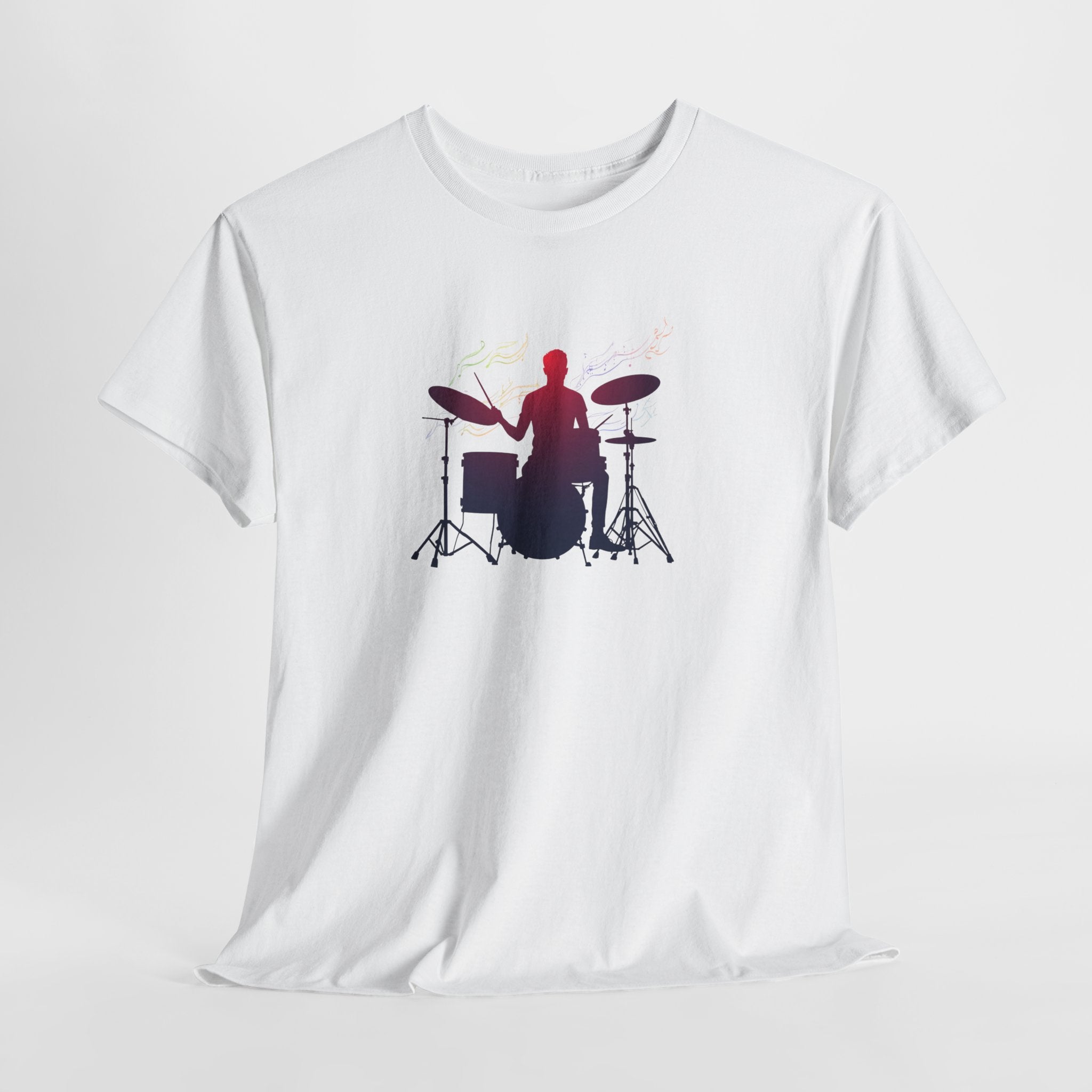 Drummer Silhouette T‑Shirt — Gradient Drum Kit Tee for Musicians & Band Fans
