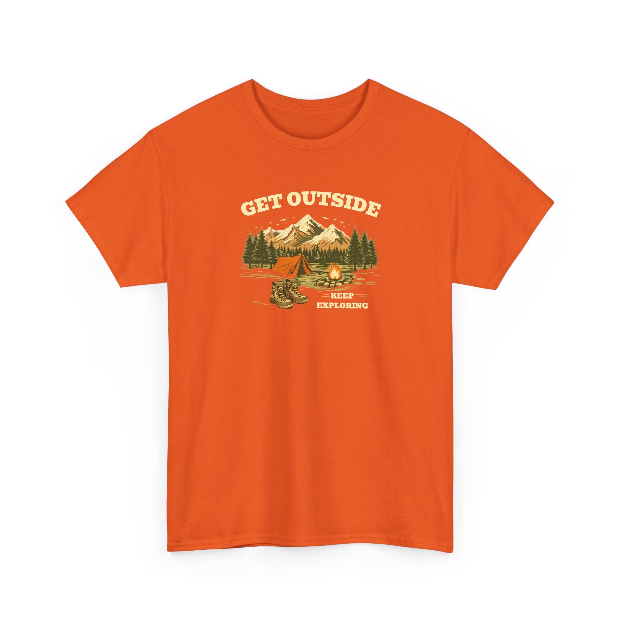 Get Outside Camping T-Shirt — Retro Mountain Tent & Campfire Tee