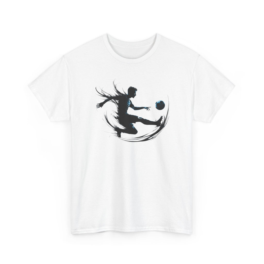 White t-shirt with a black graphic design of a person playing football soccer on a white background