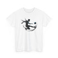 White t-shirt with a black graphic design of a person playing football soccer on a white background