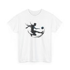 White t-shirt with a black graphic design of a person playing football soccer on a white background