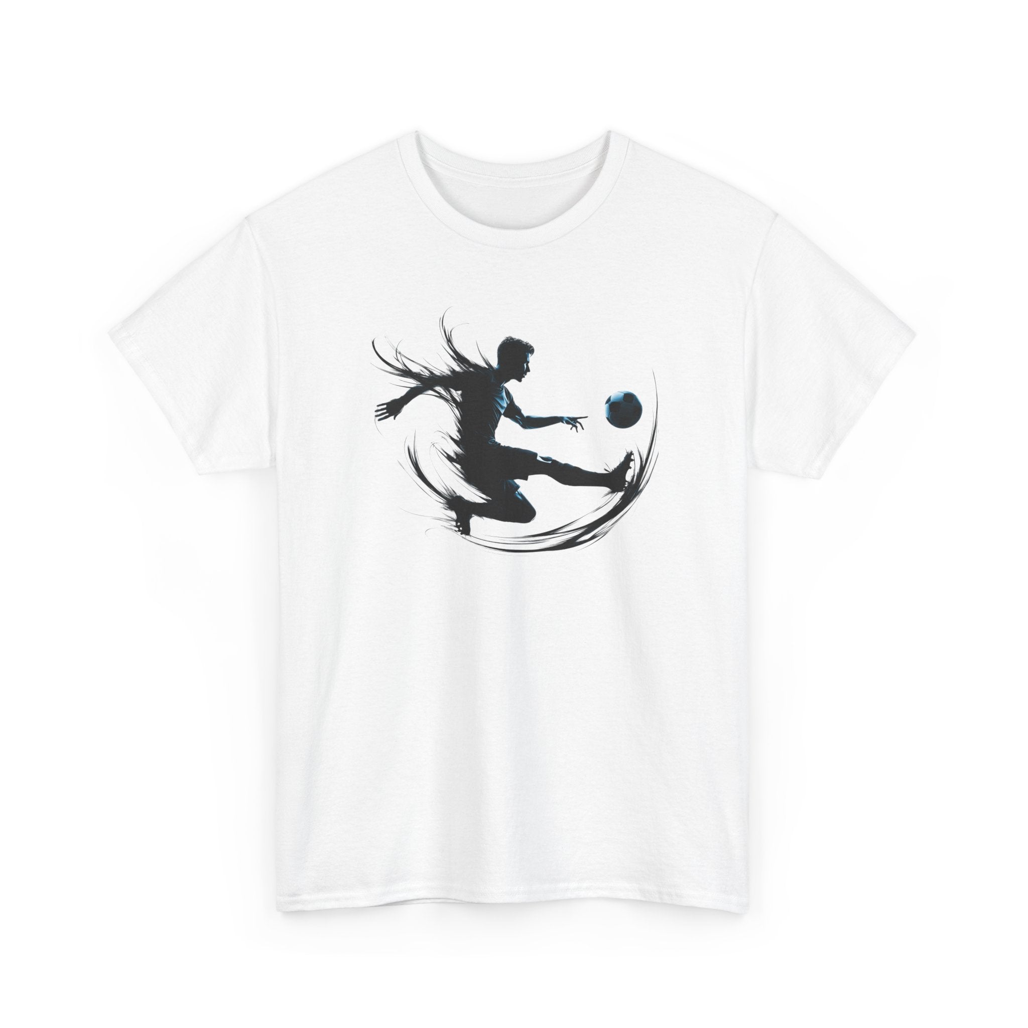 White t-shirt with a black graphic design of a person playing football soccer on a white background
