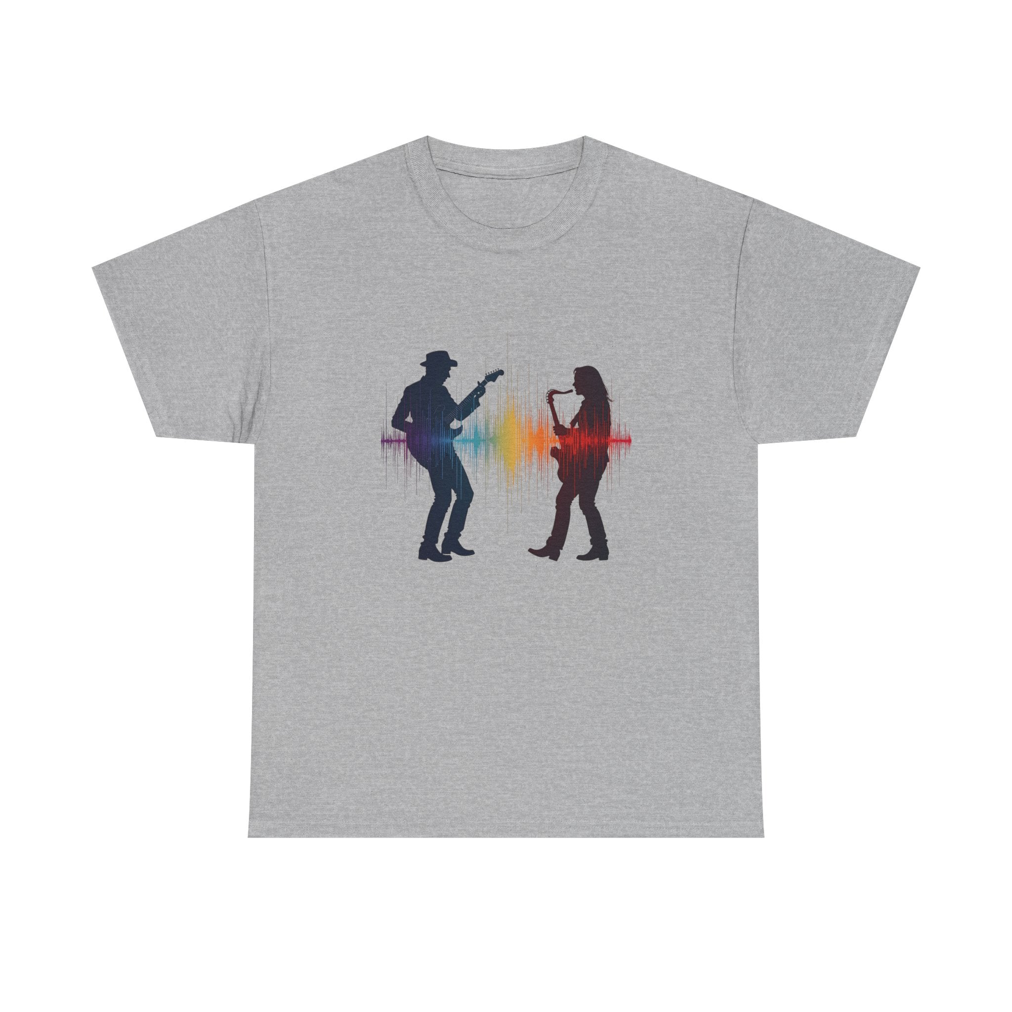 Music Lovers T‑Shirt – Guitarist & Singer Silhouette with Colorful Soundwave