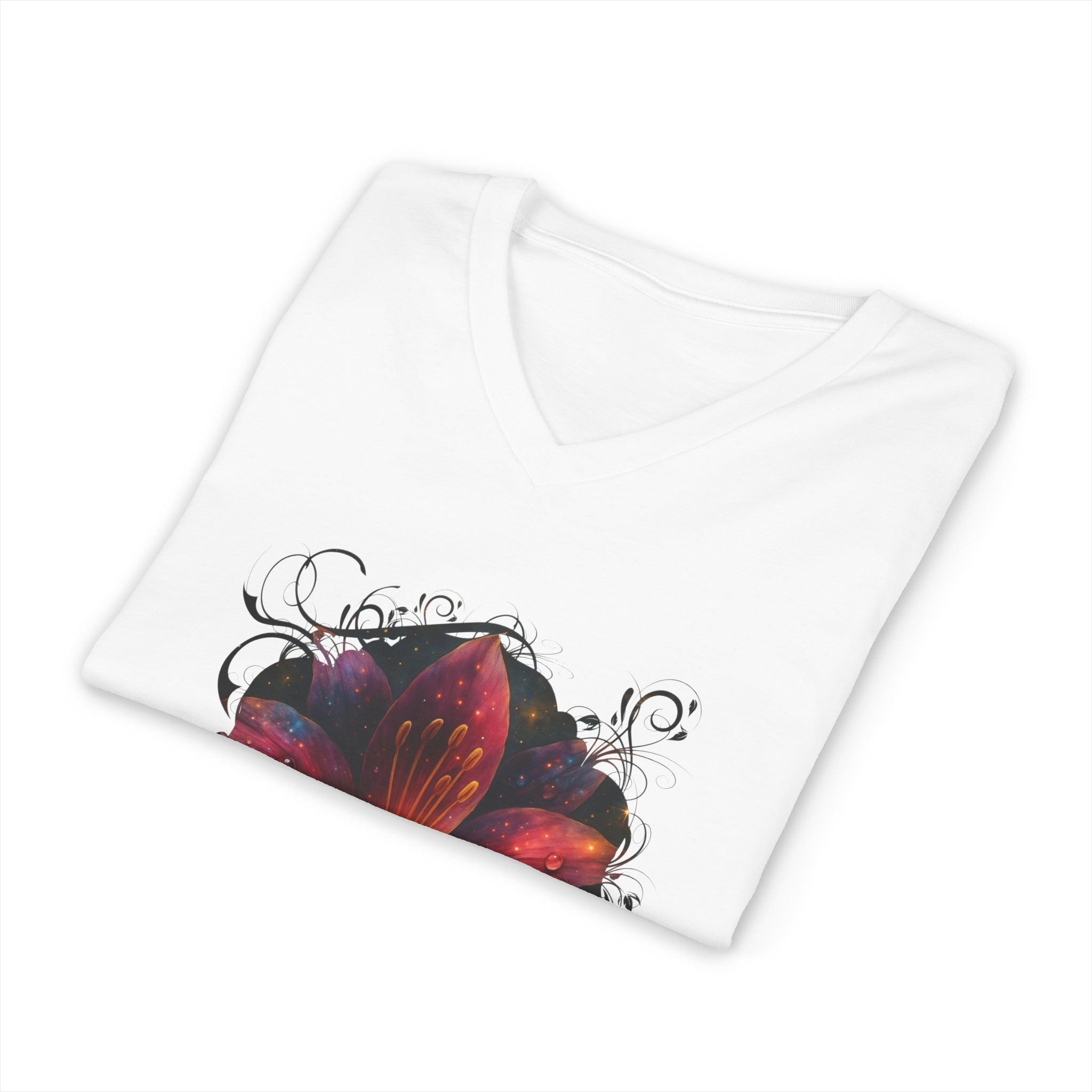 Floral Lily V‑Neck Tee – Dark Garden Bloom Graphic Shirt 'Flourish'