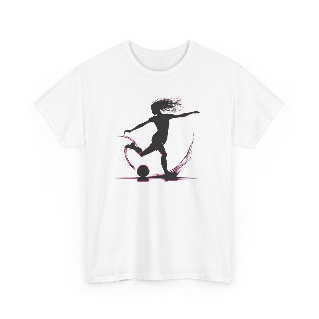White t-shirt with a black silhouette of a person playing soccer design on a white background