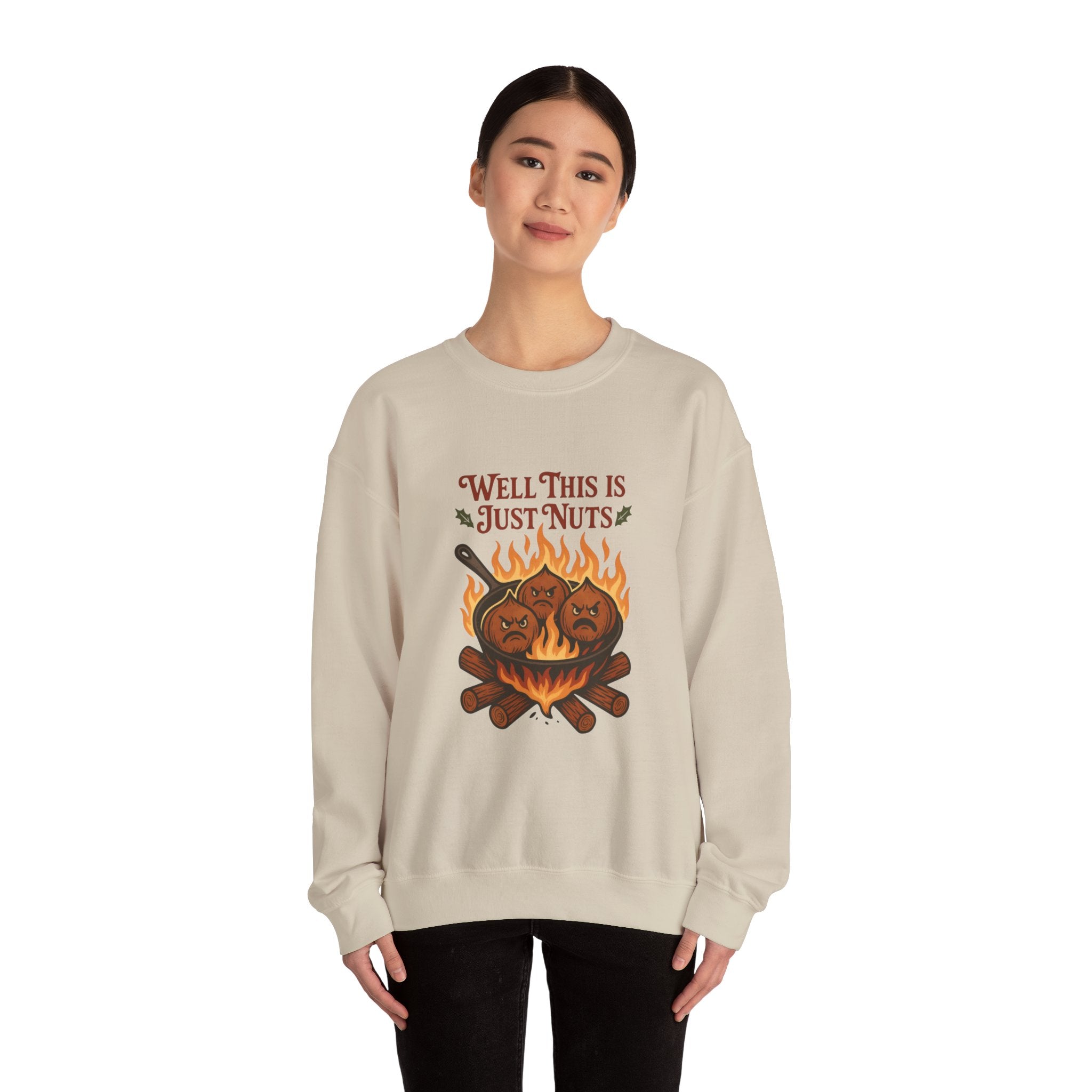 Crewneck Sweatshirt — "Well This Is Just Nuts" Roasting Chestnuts Graphic