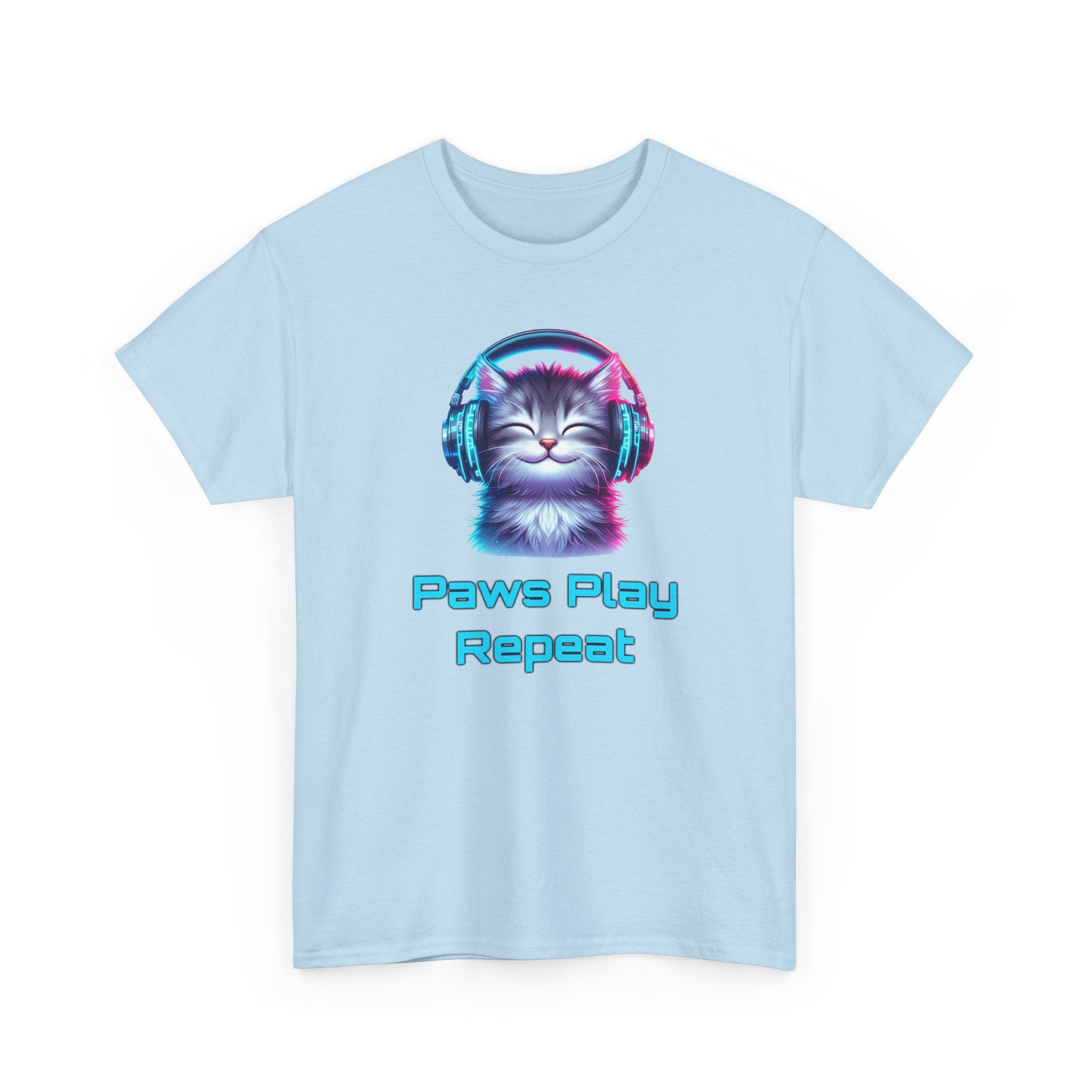 Cat Headphones T-Shirt - "Paws Play Repeat" Cute Music Cat Tee