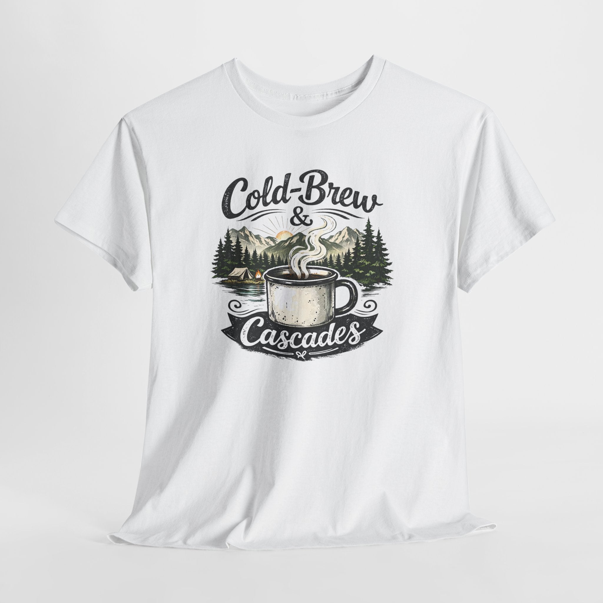 Cold-Brew & Cascades Tee — Vintage Coffee and Hiking Pine Forest Graphic T-Shirt