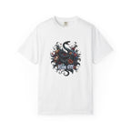 Dark fantasy snake artwork wrapped in swirling floral designs, featuring glowing red eyes and bold gothic text reading ‘Hiss Off’.