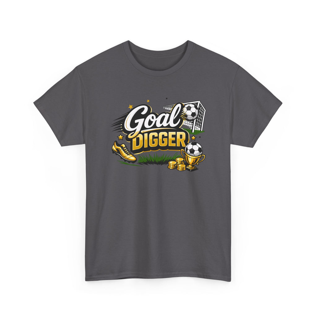 Gray t-shirt with 'Goal Digger' graphic design featuring a soccer ball, trophy, and boot on a white background.