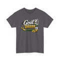 Gray t-shirt with 'Goal Digger' graphic design featuring a soccer ball, trophy, and boot on a white background.