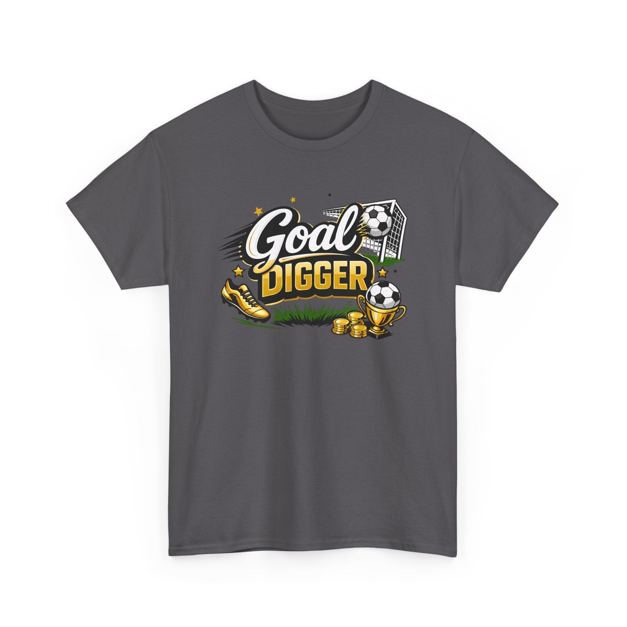 Gray t-shirt with 'Goal Digger' graphic design featuring a soccer ball, trophy, and boot on a white background.