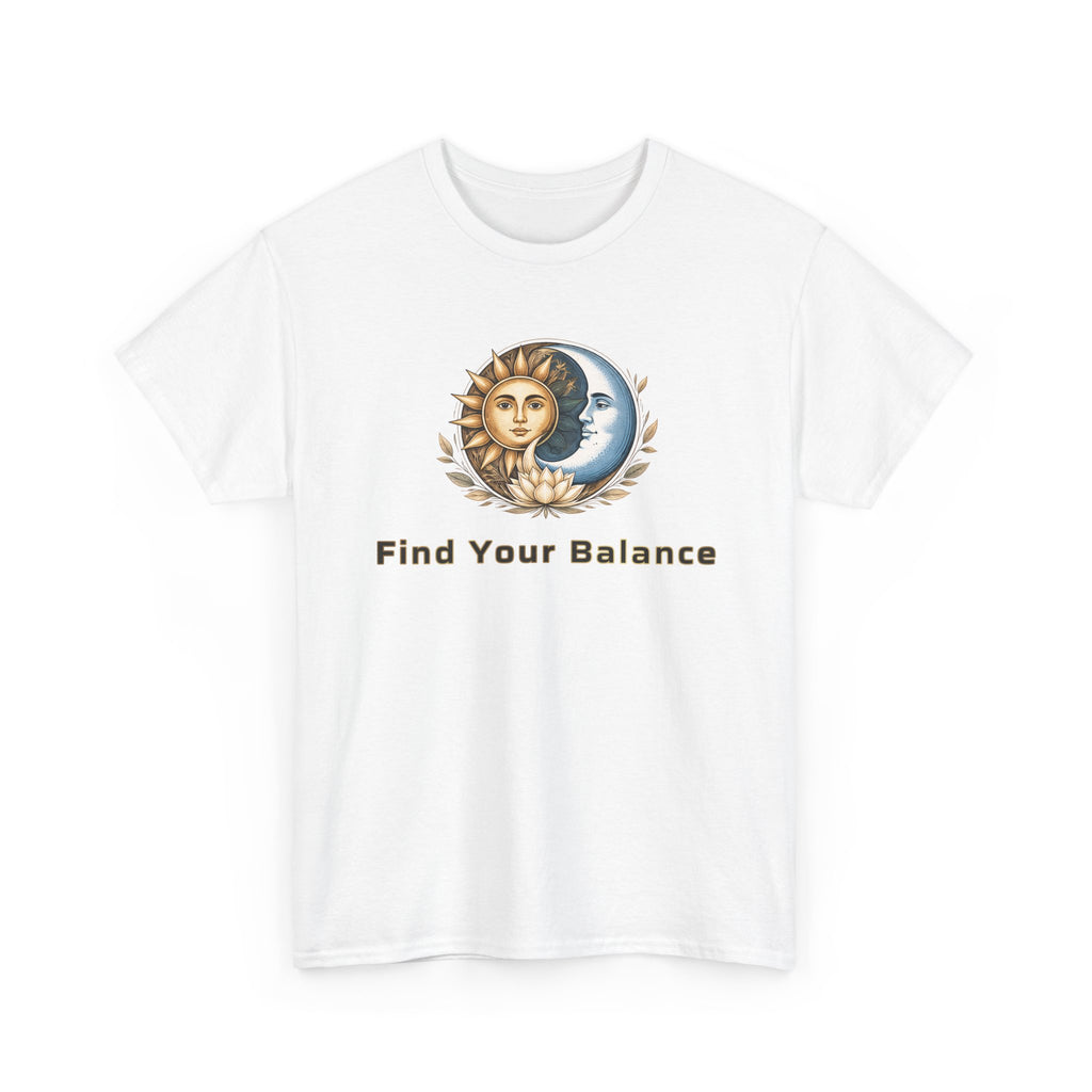 White t-shirt with a sun and moon design and 'Find Your Balance' text on a white background