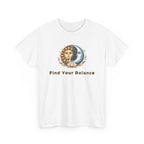 White t-shirt with a sun and moon design and 'Find Your Balance' text on a white background
