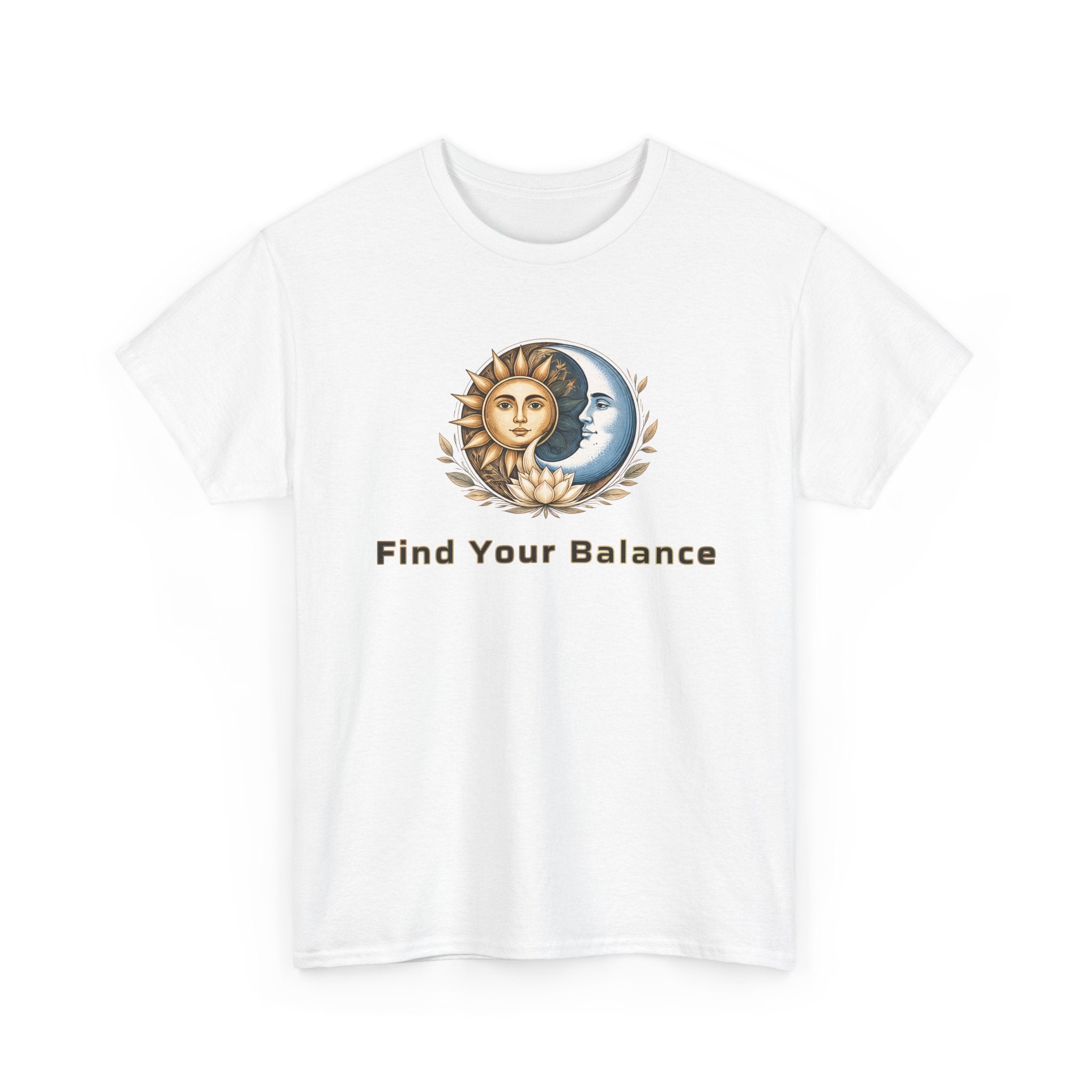 White t-shirt with a sun and moon design and 'Find Your Balance' text on a white background