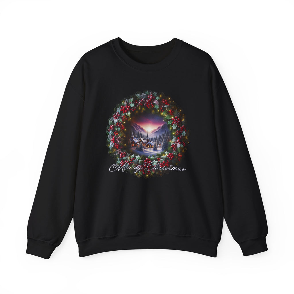 Christmas Wreath Crewneck Sweatshirt — Vintage Winter Scene Christmas Wishes