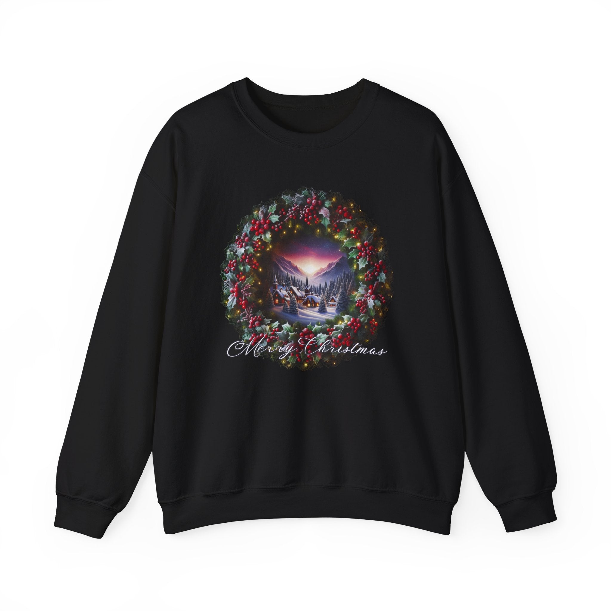 Christmas Wreath Crewneck Sweatshirt — Vintage Winter Scene Christmas Wishes