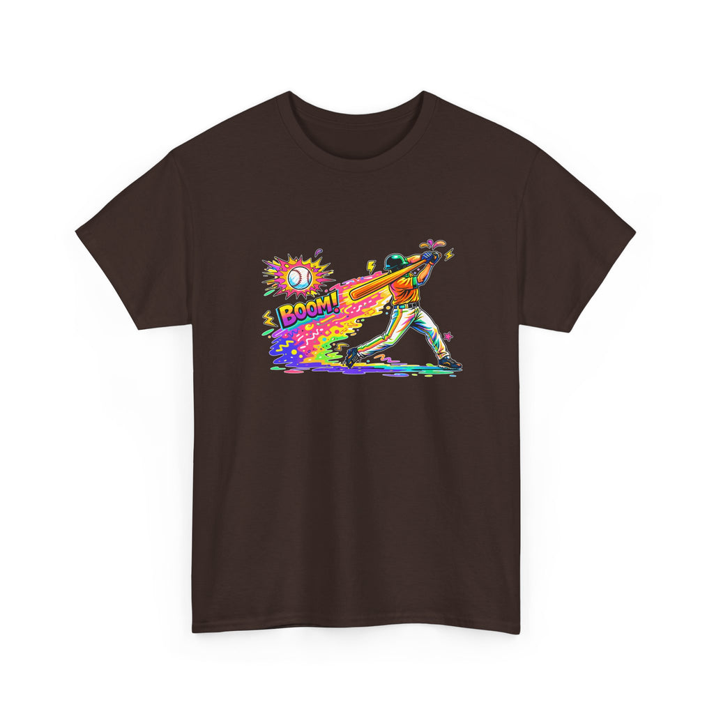 Baseball Batter Rainbow Blast Tee — 'Boom!' Graphic Sports T-Shirt