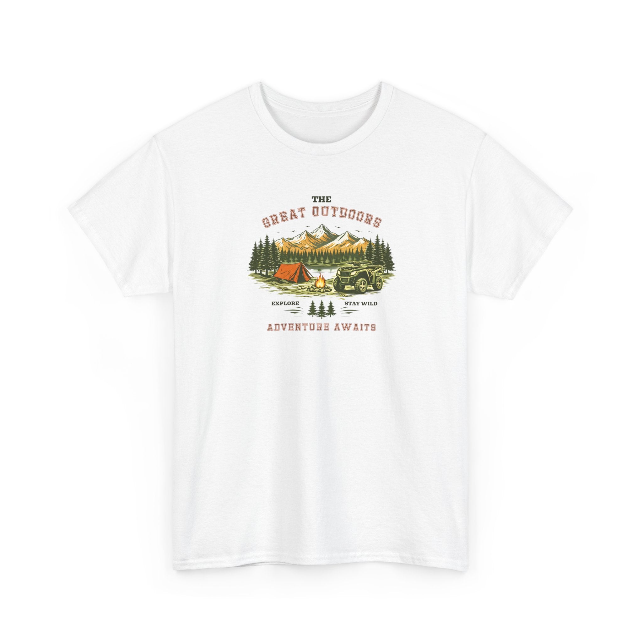 An outdoor scenic graphic with a tent, campfire, and a four wheeler (ATV) with pine trees and mountains in the distance, with the text 'The Great Outdoors Adventure Awaits', perfect for nature lovers.