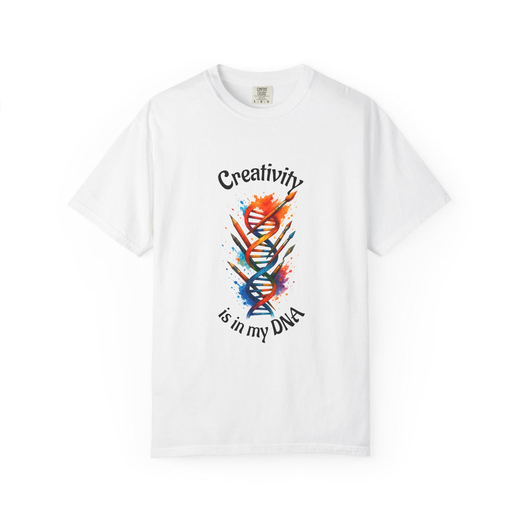 White t-shirt with colorful DNA design and 'Creativity is in my DNA' text on a white background