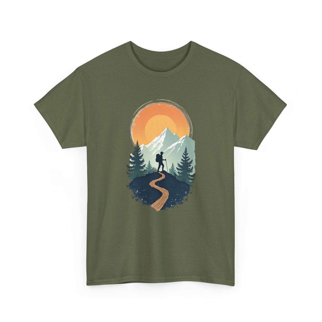 Green t-shirt with a mountain and sunset design on a white background