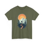 Green t-shirt with a mountain and sunset design on a white background