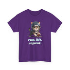 Funny Football Cat T-Shirt — "Run. Hit. Repeat." Cute Helmet Kitten Tee for Football Fans