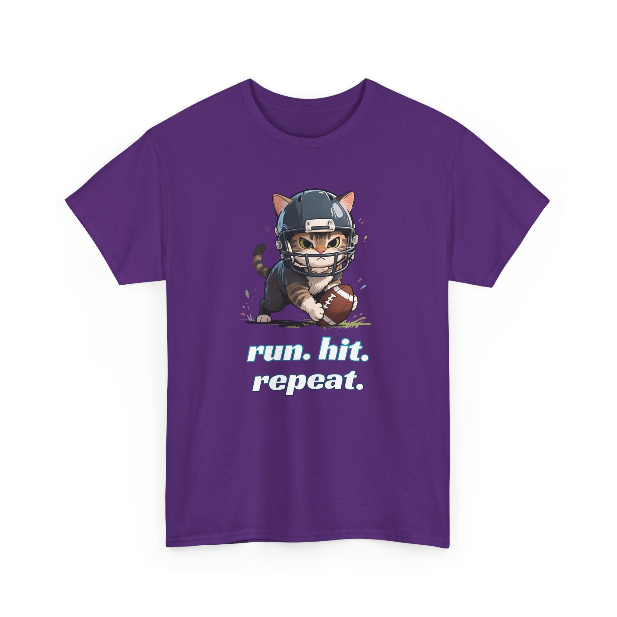 Funny Football Cat T-Shirt — "Run. Hit. Repeat." Cute Helmet Kitten Tee for Football Fans