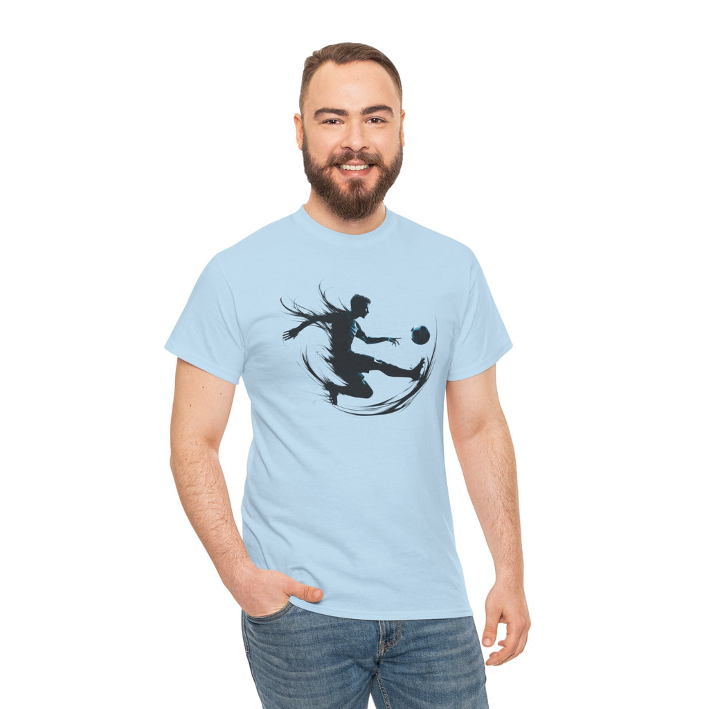 Soccer Player Silhouette Tee — Dynamic Kicking Football Graphic T-Shirt