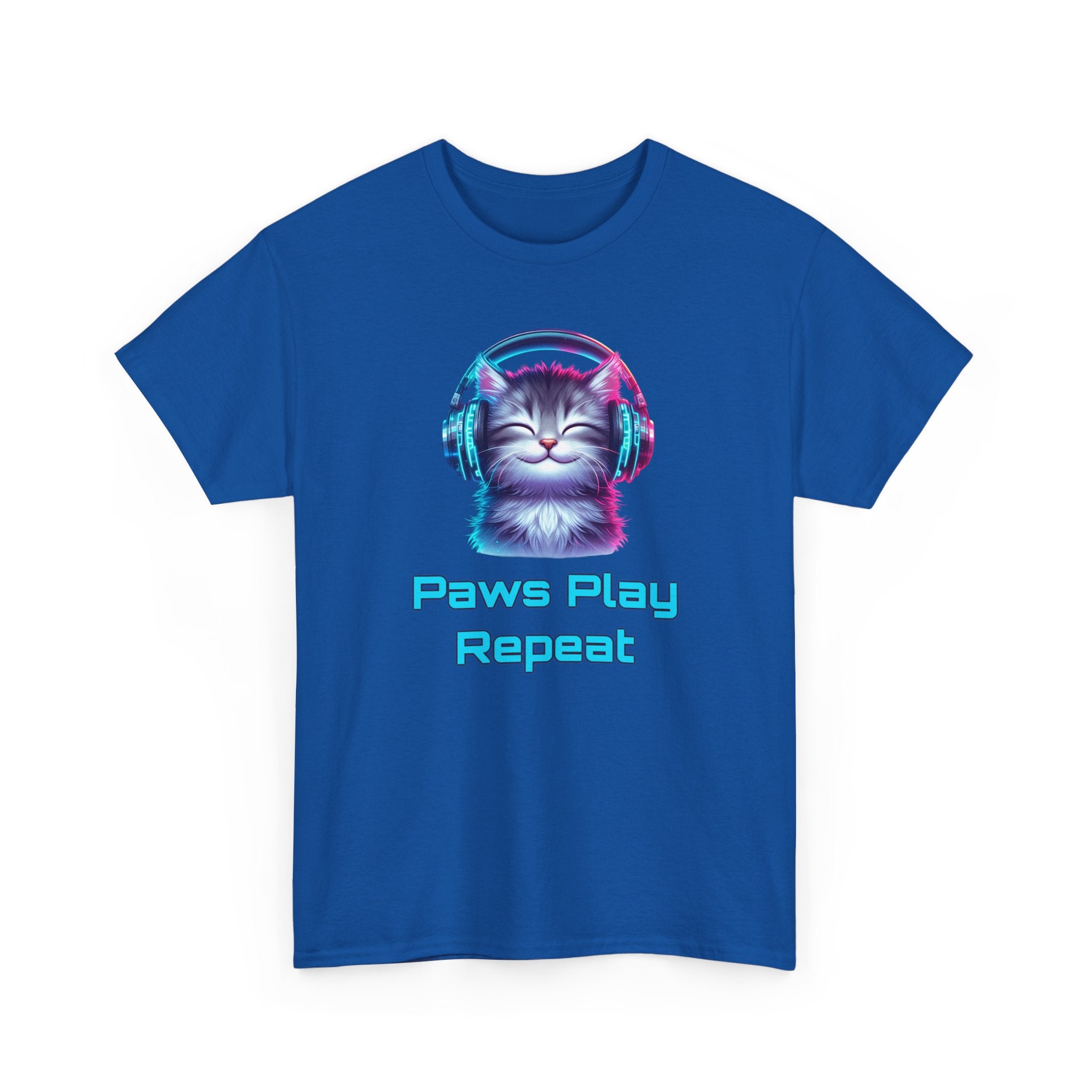 Cat Headphones T-Shirt - "Paws Play Repeat" Cute Music Cat Tee