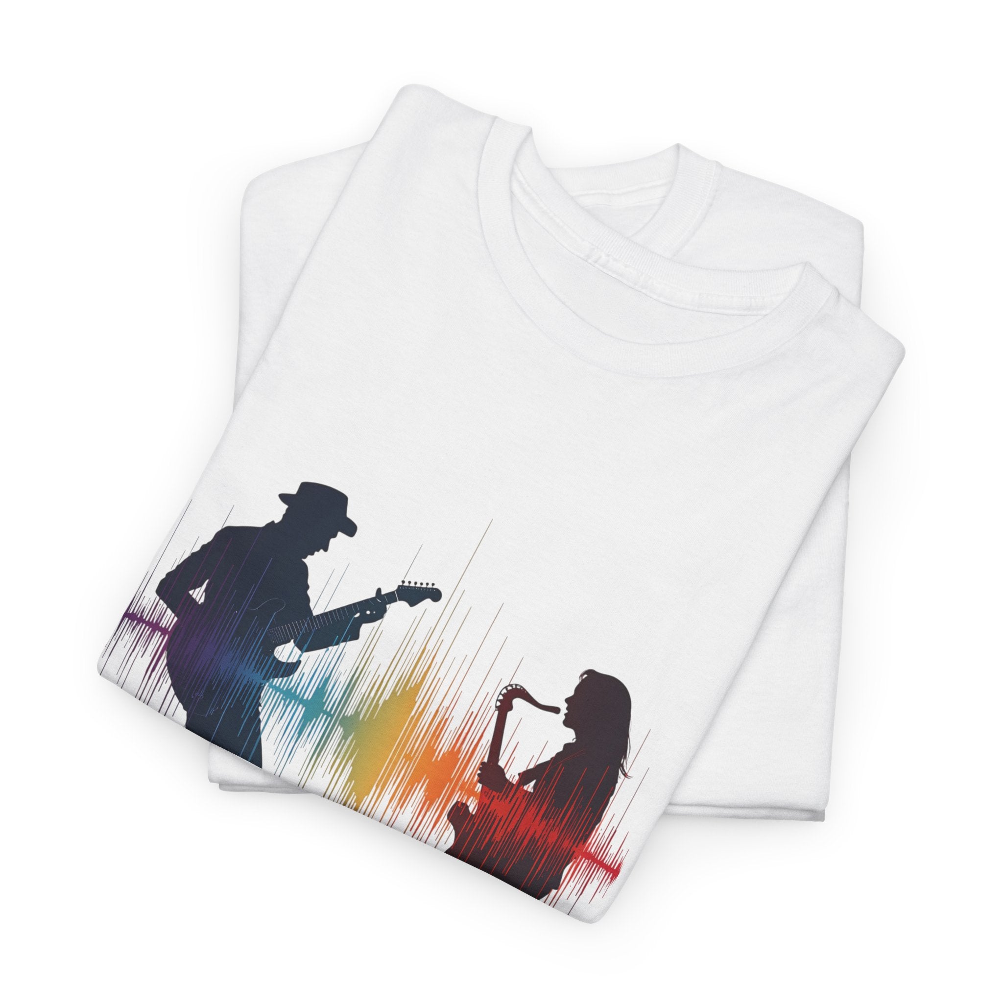 Music Lovers T‑Shirt – Guitarist & Singer Silhouette with Colorful Soundwave