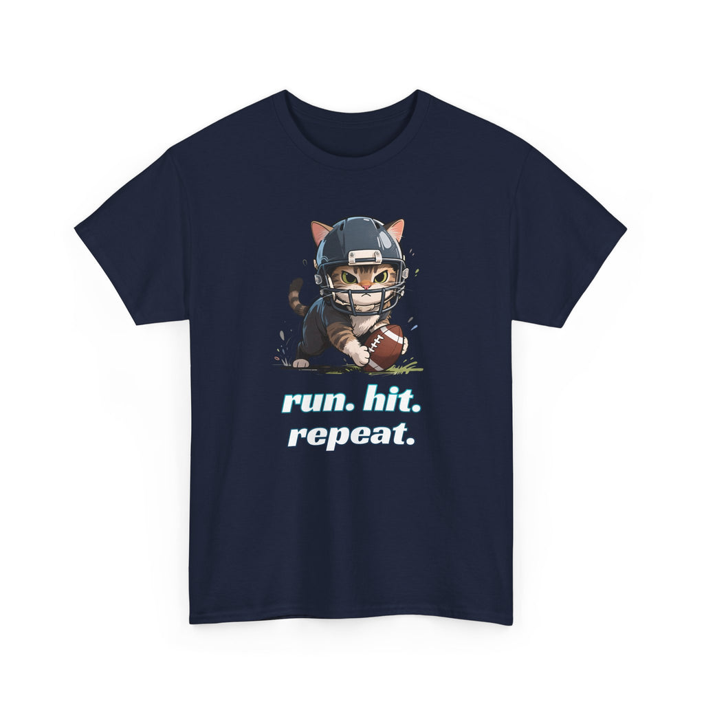 Funny Football Cat T-Shirt — "Run. Hit. Repeat." Cute Helmet Kitten Tee for Football Fans