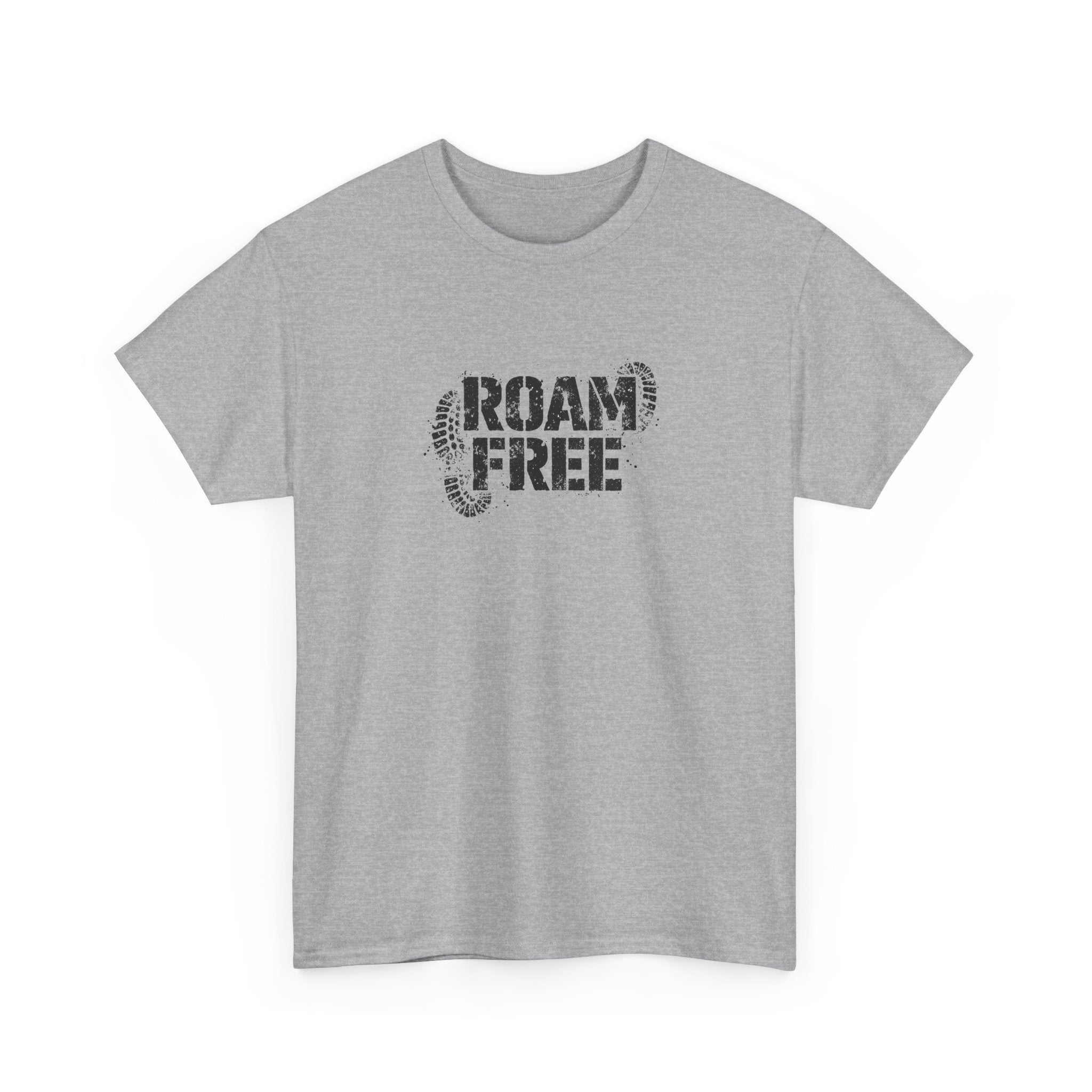 Roam Free T-Shirt — Outdoor Adventure Tee with Boot Print Graphic