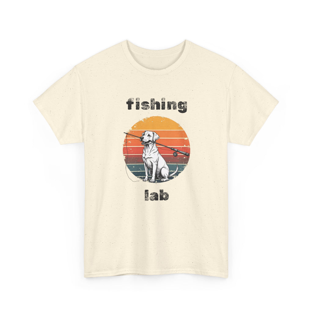 Beige t-shirt with a graphic of a dog with a fishing rod in its mouth with retro style sunset and the text 'fishing lab' on a white background