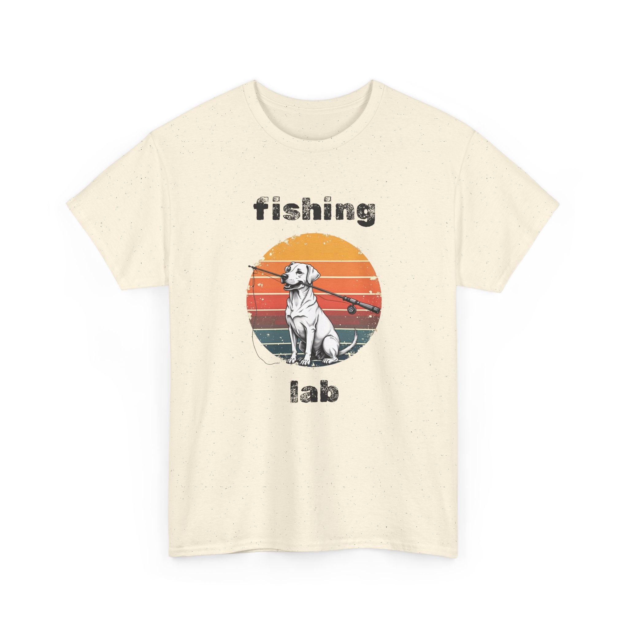 Beige t-shirt with a graphic of a dog with a fishing rod in its mouth with retro style sunset and the text 'fishing lab' on a white background