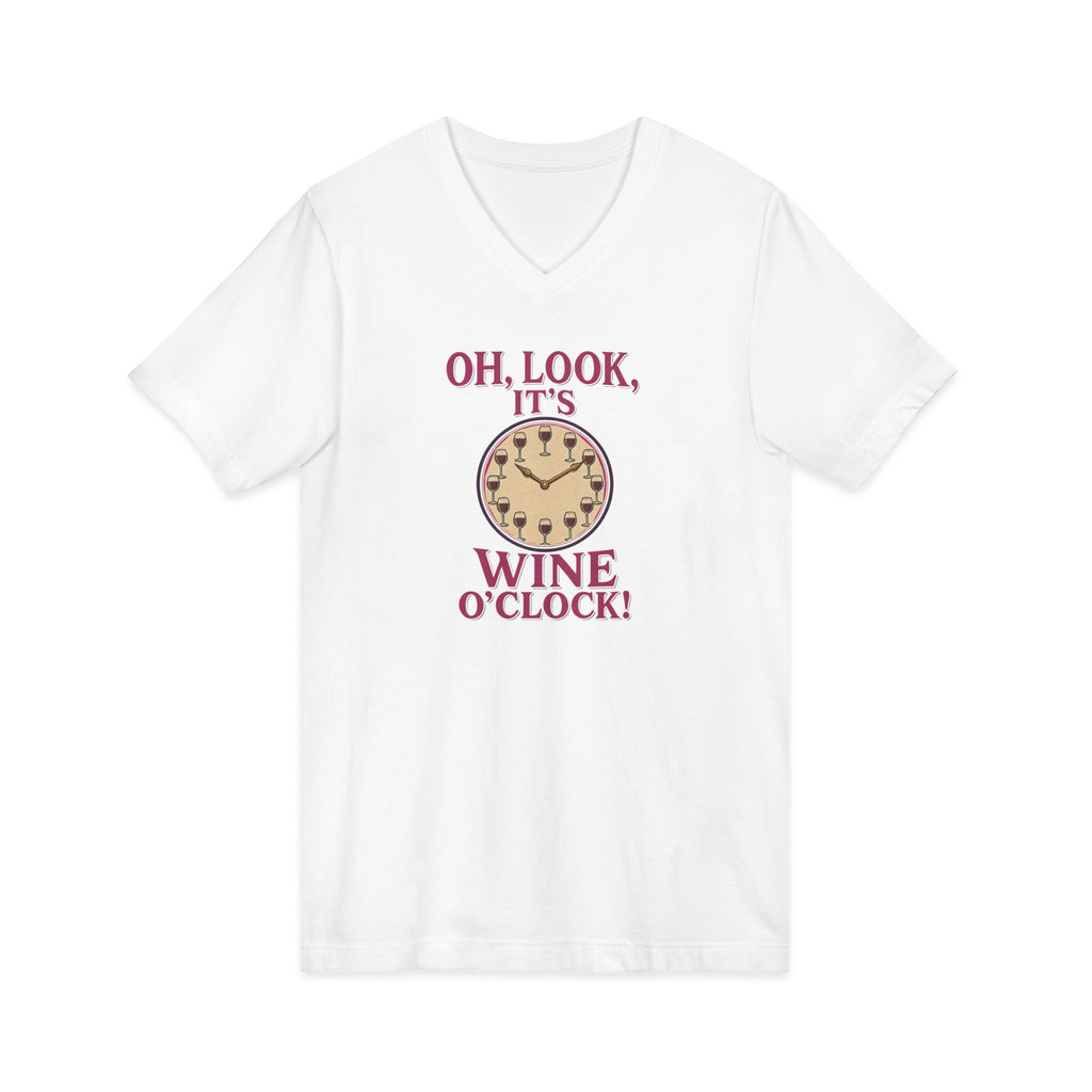 Vintage-style 'Oh, Look, It’s Wine O’Clock!' design featuring a clock with wine glasses as numbers and bold retro lettering.