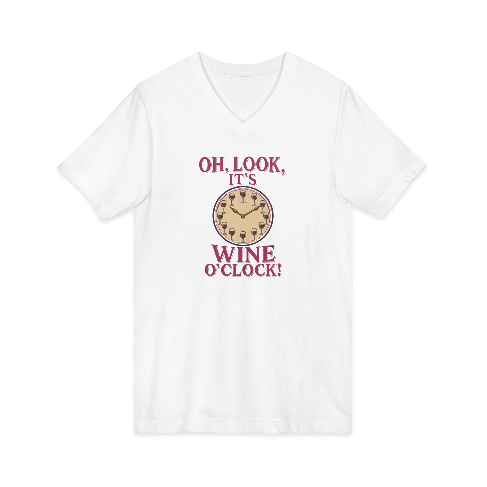 Vintage-style 'Oh, Look, It’s Wine O’Clock!' design featuring a clock with wine glasses as numbers and bold retro lettering.