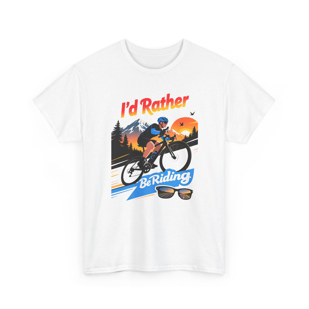 White t-shirt with a bicycle graphic and text 'I'd Rather Be Riding' on a white background